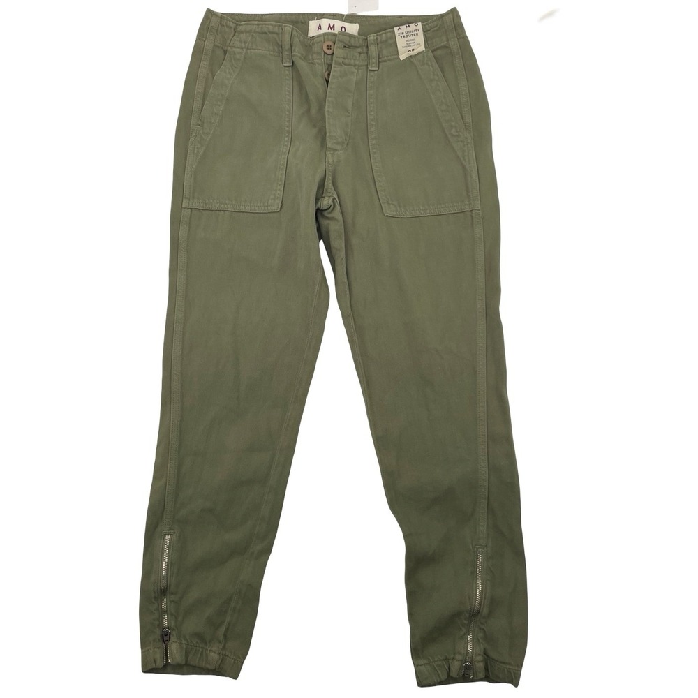 AMO Women's Trousers Zip Utility Olive Green Cotton Size 25